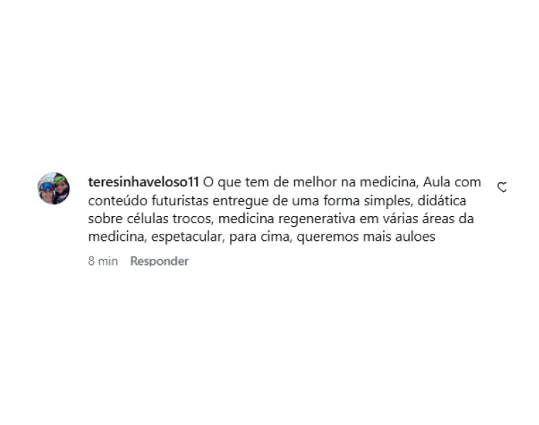 Comentário de teresinhaveloso11: O que tem de melhor na medicina, Aula com conteúdo futuristas entregue de uma forma simples, didática sobre células trocos, medicina regenerativa em várias áreas da medicina, espetacular, para cima, queremos mais auloes
