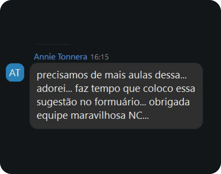 Comentário de Annie Tonnera: precisamos de mais aulas dessa... adorei... faz tempo que coloco essa sugestão no formuário... obrigada equipe maravilhosa NC...